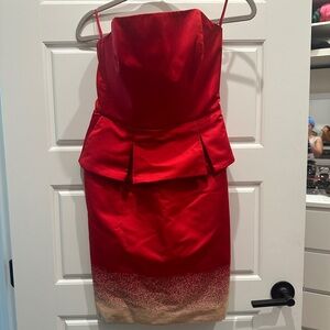 Carolina Herrera Red Strapless silk cocktail dress with peplum and ombre detail